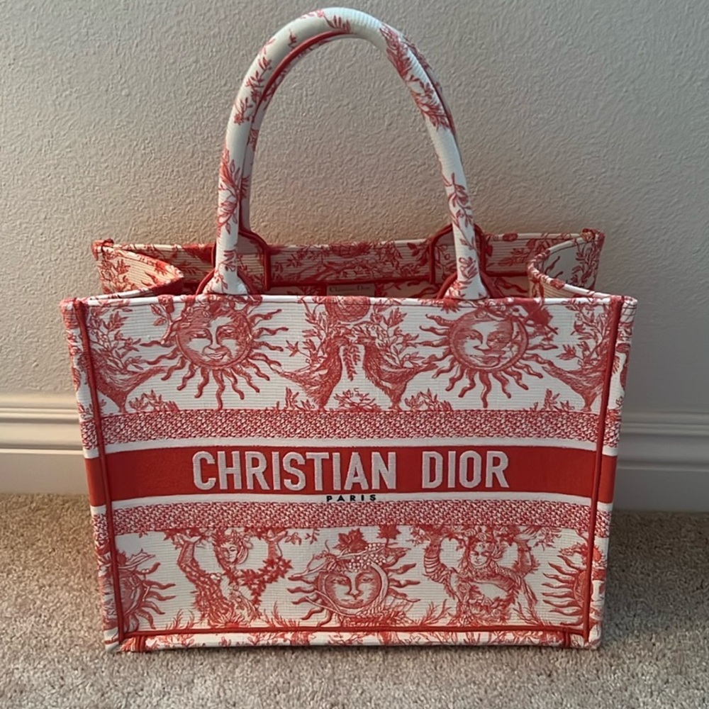 🤍 Medium Dioriviera Dior Book Tote Coral Toile de Jouy Soleil Embroidery 🤍